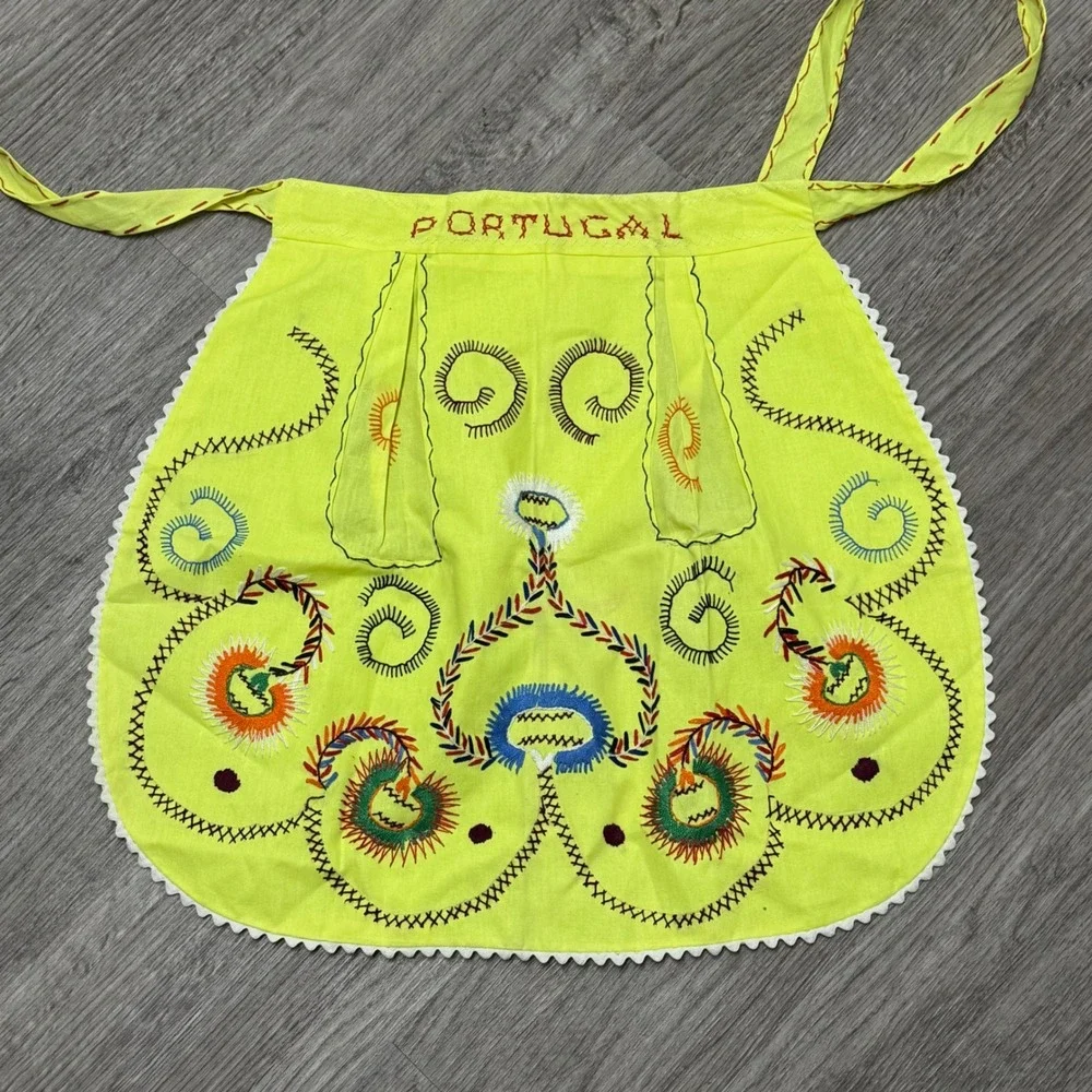 Vintage Portugal‎ Half Apron Set of 2 Yellow White Folk Hand Embroidered Pockets